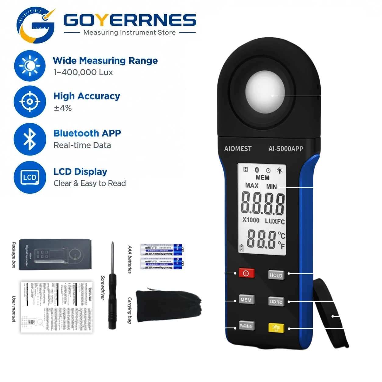 Photography Lighting Meter - Pengukur Cahaya Digital 1-400000Lux dengan Bluetooth,